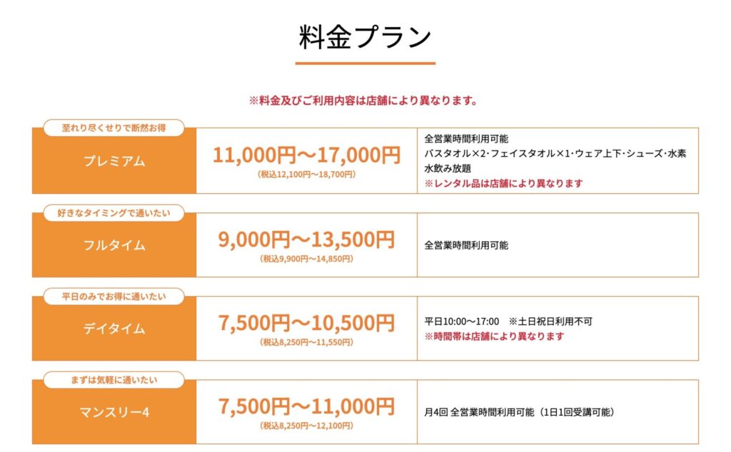ホットヨガカルドの料金プラン表